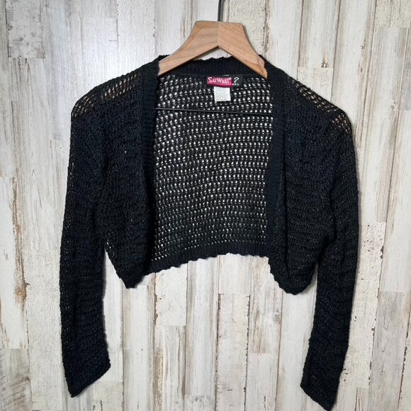 Vintage‎ Y2K Say What Black Crochet Long Sleeve Mini Shrug USA Womens Medium - Picture 1 of 8